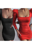 Solid Color Square Neck Sexy Backless Slim Long Sleeve Dress