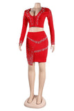Sexy Slim Deep V Zipper Pearl Hot Drill Two-Piece Set Glam