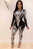 Glamorous Sequin Upscale Women's Long-Sleeved See-Through Jumpsuit