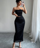 Strapless Top Cinched In Skirt Set Black Polyester Elastane