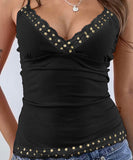Strap Laced Fringed T Shirt Vest Women Rose Black Colors