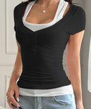Two Piece Camisole Set For Women Short Sleeve Stretch Tee