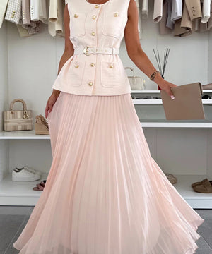 Classic Floral Vest and Pleated Skirt Two Piece Set