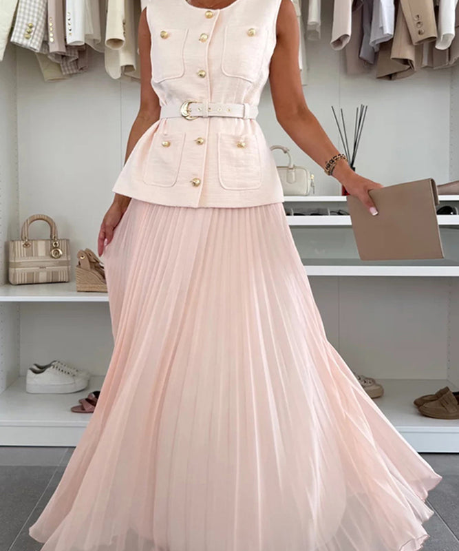 Classic Floral Vest and Pleated Skirt Two Piece Set