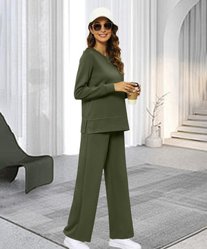 Lace-Up Long Sleeve Wide-Leg Casual Homewear Suit with Pockets