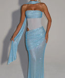Classic Strapless Halter Sequin Evening Dress Chic