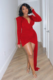 SLEEK V-NECK SILKY LONG SLEEVE BODYCON SKIRT