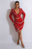 Sexy Slim Deep V Zipper Pearl Hot Drill Two-Piece Set Glam