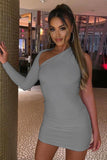 Solid Color Sexy Hollow One Shoulder Long Sleeve Dress Elegance