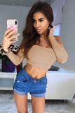 Solid Color Sexy Slim-Fitting Crop Neck Long Sleeve Top