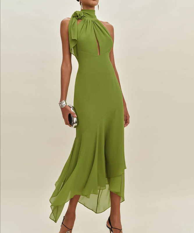 Backless Ruffled Solid Midi Dress