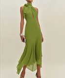 Backless Ruffled Solid Midi Dress