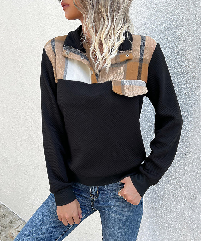 Checked Black Patchwork Long Sleeve Top for Women