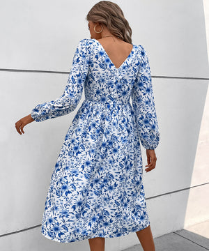Chic Blue Floral Long-Sleeve Dress