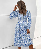 Chic Blue Floral Long-Sleeve Dress