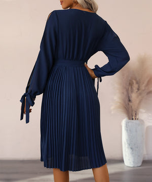 Navy Blue V-Neck Off-The-Shoulder Dress For Effortless Elegance