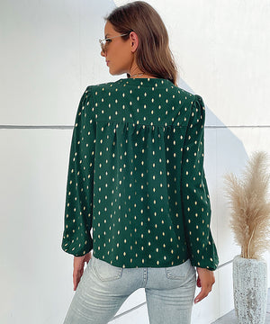Chic Dark Green Printed Long Sleeve Button-Up Blouse