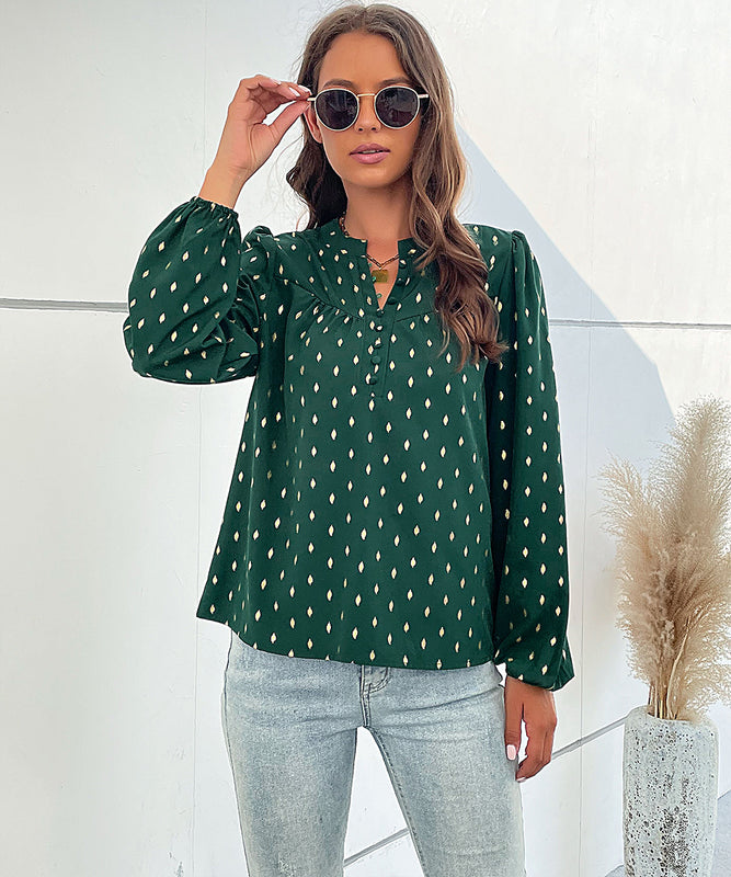 Chic Dark Green Printed Long Sleeve Button-Up Blouse