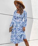 Chic Blue Floral Long-Sleeve Dress