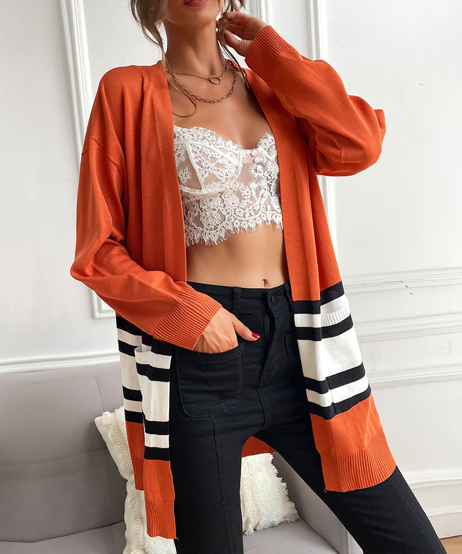 Chic Caramel Striped Knit Cardigan