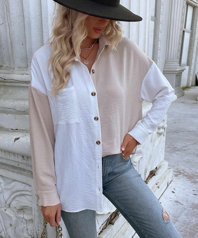 Elegant Apricot and White Blouse with Unique Patchwork Details