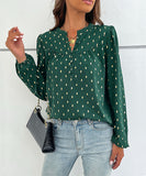 Chic Dark Green Printed Long Sleeve Button-Up Blouse
