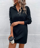 Chic Black Long-Sleeved Sweater Dress with Zippered Neckline