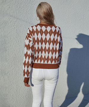 Chic Brown Plaid Long Sleeve Sweater Top for Women