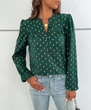 Chic Dark Green Printed Long Sleeve Button-Up Blouse