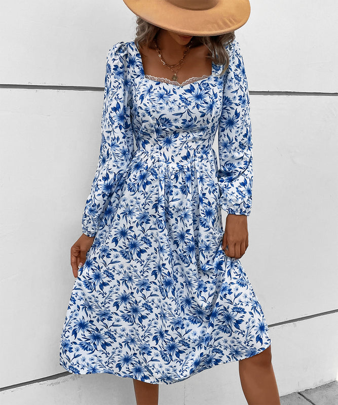 Chic Blue Floral Long-Sleeve Dress