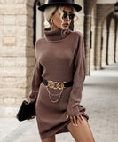 Chic Brown Turtleneck Sweater Dress for Women - Long Sleeves & Cozy Fit
