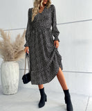 Chic V-Neck Long-Sleeved Dress in Black Polka Dots