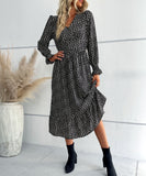 Chic V-Neck Long-Sleeved Dress in Black Polka Dots