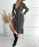 Chic V-Neck Long-Sleeved Dress in Black Polka Dots