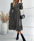 Chic V-Neck Long-Sleeved Dress in Black Polka Dots