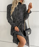 Long-Sleeved Dress with Black Polka-Dot Design