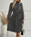 Long-Sleeved Dress with Black Polka-Dot Design