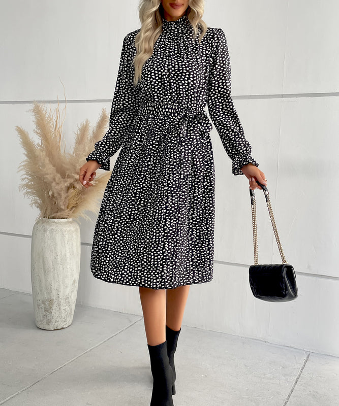 Long-Sleeved Dress with Black Polka-Dot Design