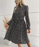 Long-Sleeved Dress with Black Polka-Dot Design
