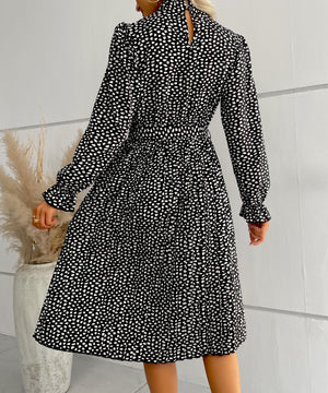 Long-Sleeved Dress with Black Polka-Dot Design